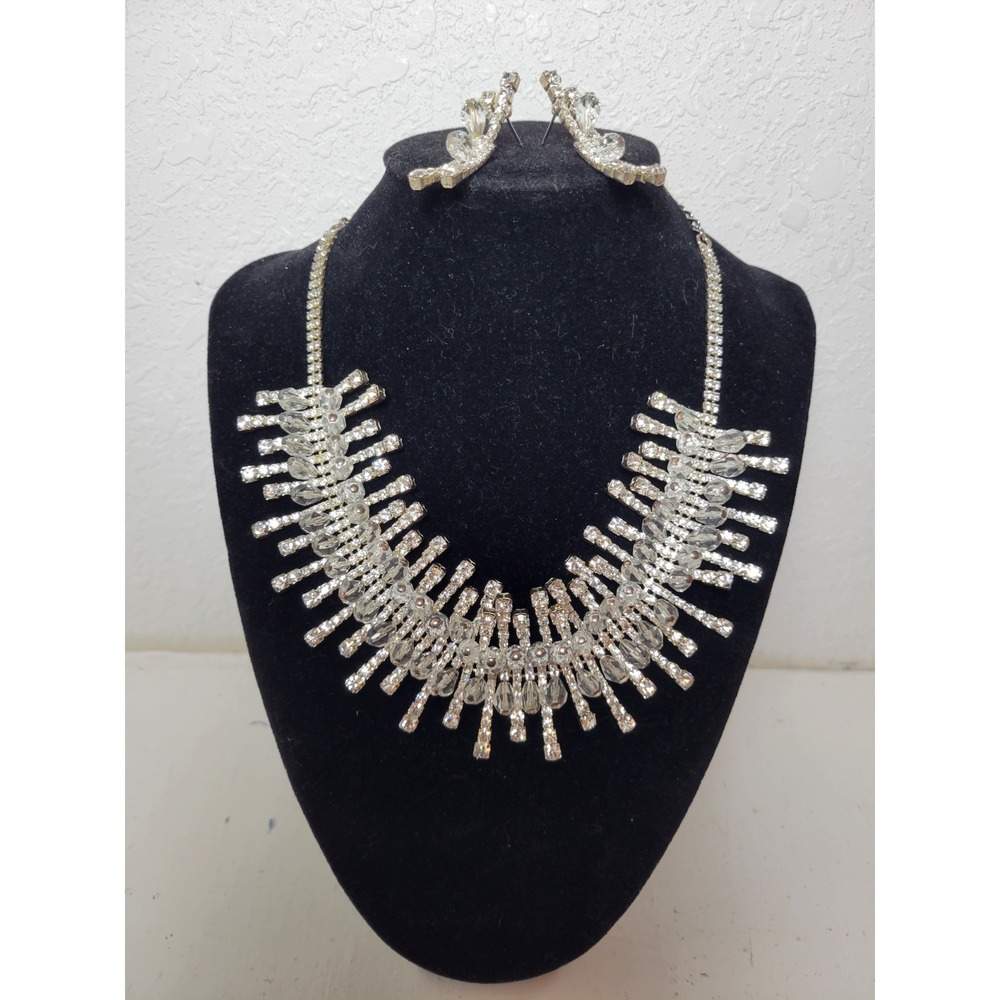 VTG MCM Rhinestone Bib Necklace with Earrings Silver Tone Costume Jewelry- Read